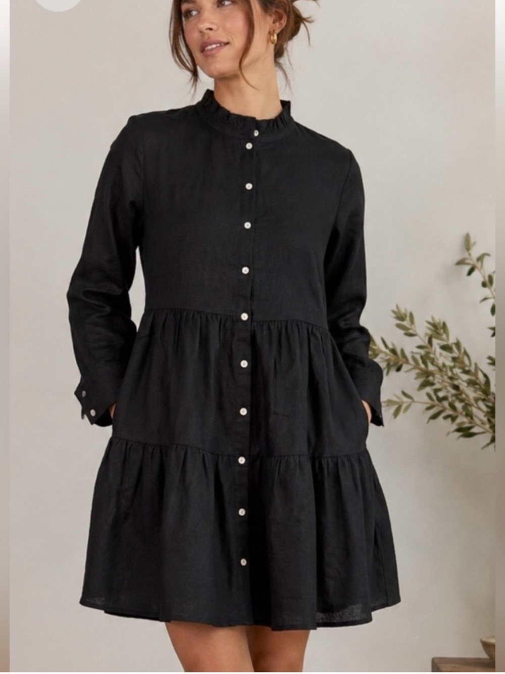 NWT | ALICE WALK 100% Linen Black Tiered Shirt Dress Ruffle Collar Dress Size L